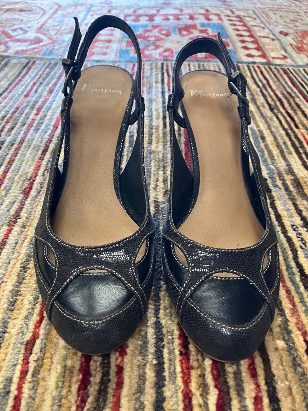 Women's Monsoon UK Animal Print Open Toe Black Leather Court Shoes - USA 7